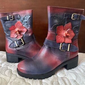 Socofy Ankle Floral Buckle Ankle Boots Size 38 EU 8 US - Red and Purple